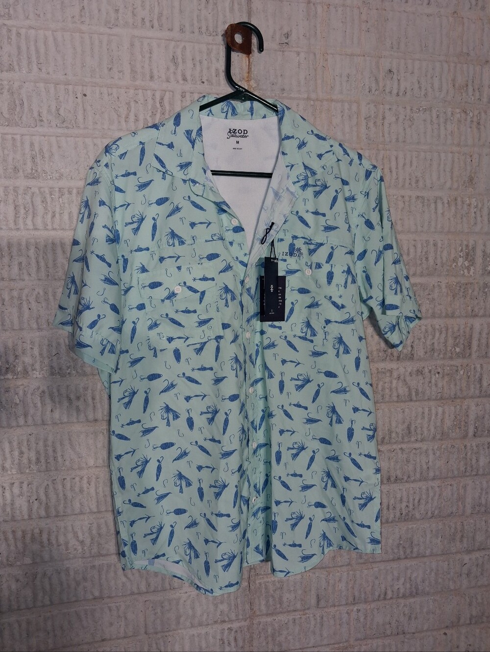 Izod Men's Short-Sleeve Mint Green Button-Down with Blue Fishing Print NWT